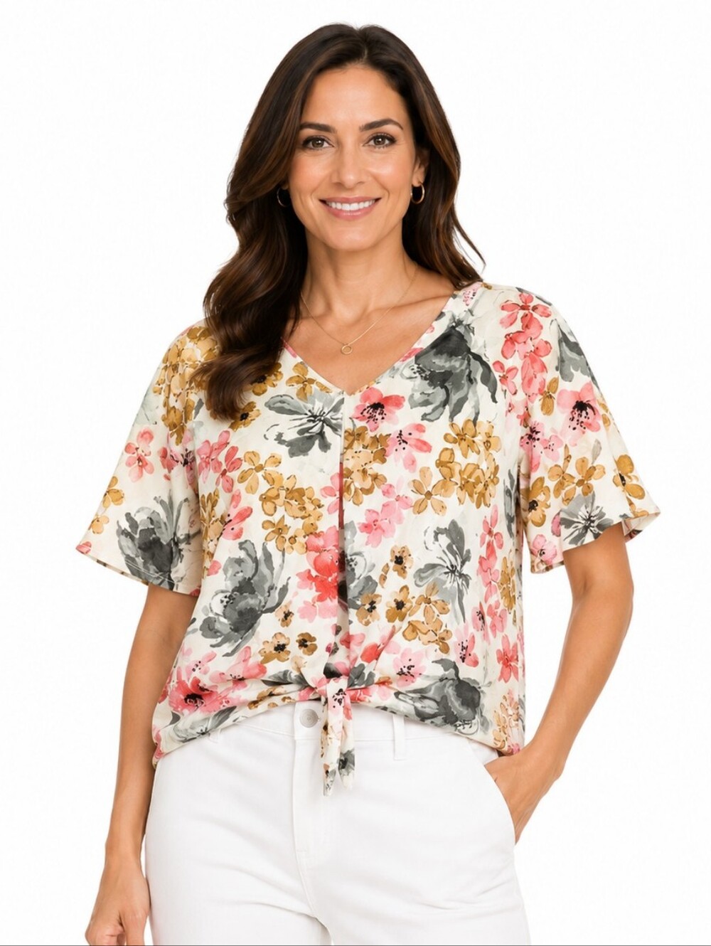 MANDY EVANS Floral Print Short Sleeve Tie Front Blouse Size XL